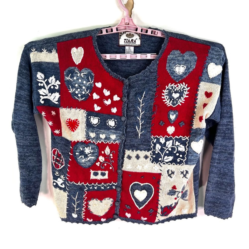 VTG Tiara International Patchwork Knitted Hearts Cardigan Womens Size S/M